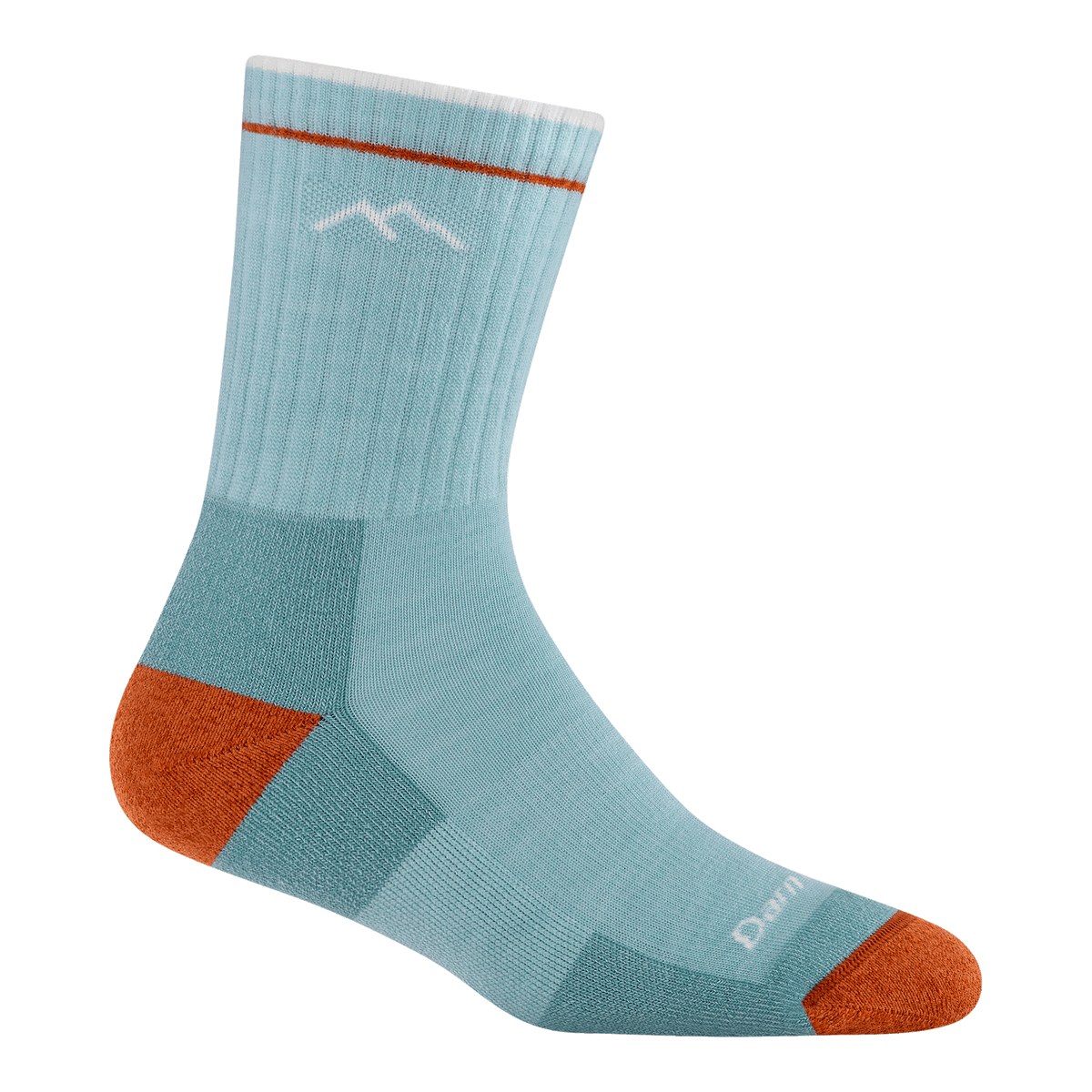 Darn Tough women's 1903 Hiker Micro Crew Midweight hiking sock in Glacier blue with orange heel and toe