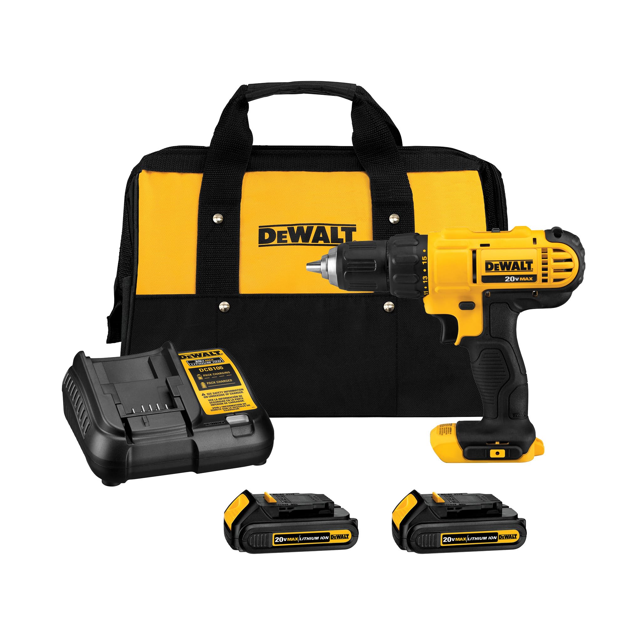 DeWalt DCD771C2 kit laid out on white: the yellow and black DCD771 drill without a battery attached, its clutch collar numbered to 15, in front of a black-and-yellow DeWalt contractor bag, with a DCB106 compact charger at left and two 20V MAX lithium-ion battery packs in front
