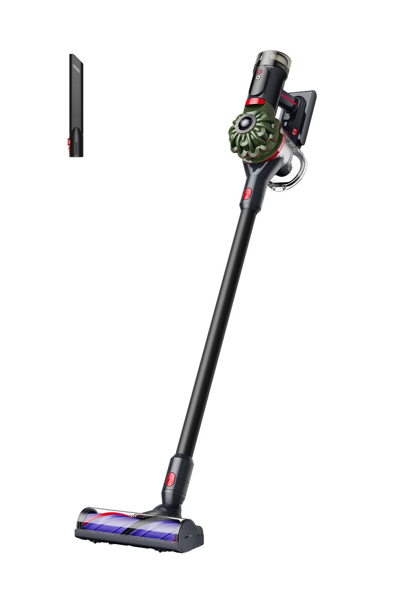 Dyson V8 Cyclone cordless stick vacuum in Black/Khaki, with a black wand and body, a khaki-green cyclone assembly with red accents, a Motorbar cleaner head showing a purple brush bar, and a black crevice tool floating at upper left, on a white background