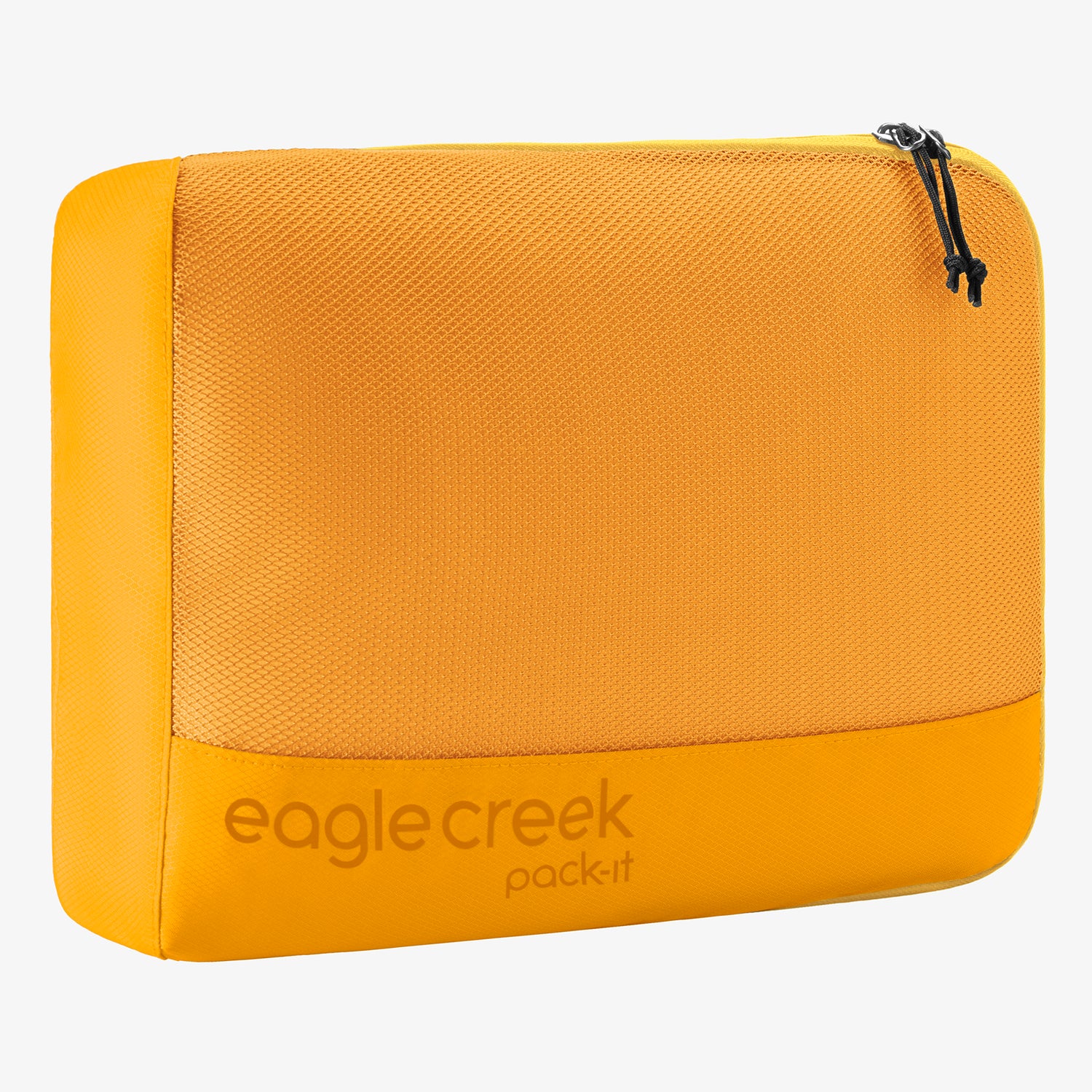 Eagle Creek Pack-It Reveal Packing Cube M in Citrus Orange, showing the mesh top panel, angled zipper, and top handle