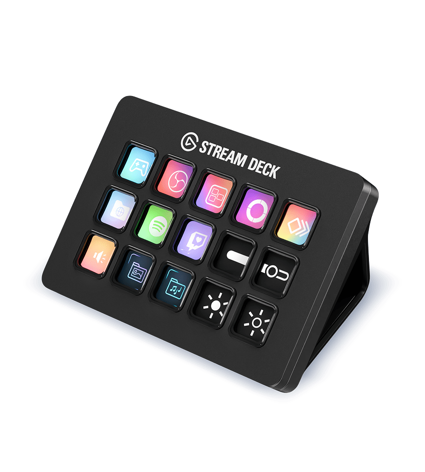 Elgato Stream Deck in black, a rectangular pad with the Stream Deck wordmark above three rows of five lit keys, and a stand angled behind it