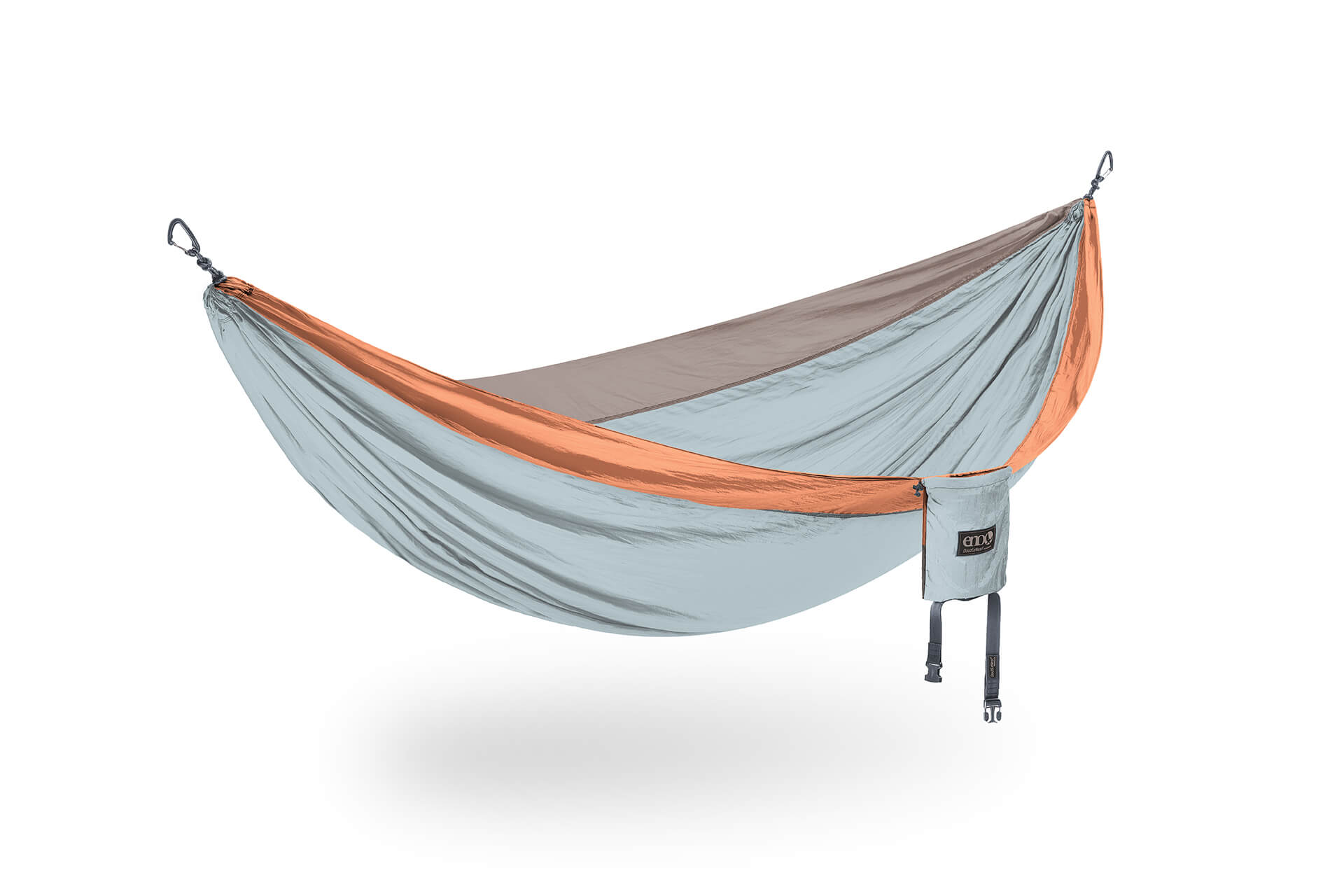 ENO DoubleNest hammock in the Coastal/Cocktail colorway — pale gray fabric with coral trim, hung and empty with the attached storage pouch, on a plain white background