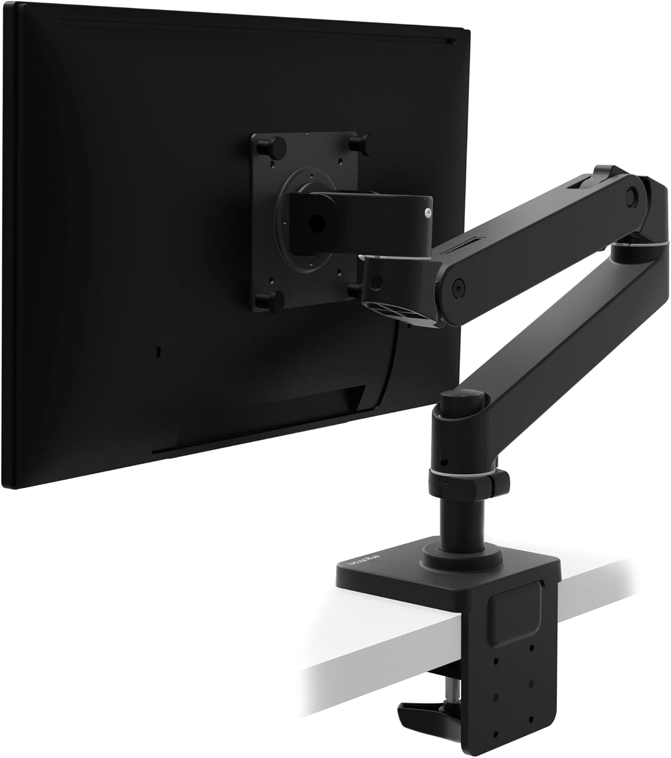 Black Ergotron LX Pro monitor arm clamped to a desk edge, holding a black monitor seen from behind, on a plain white background