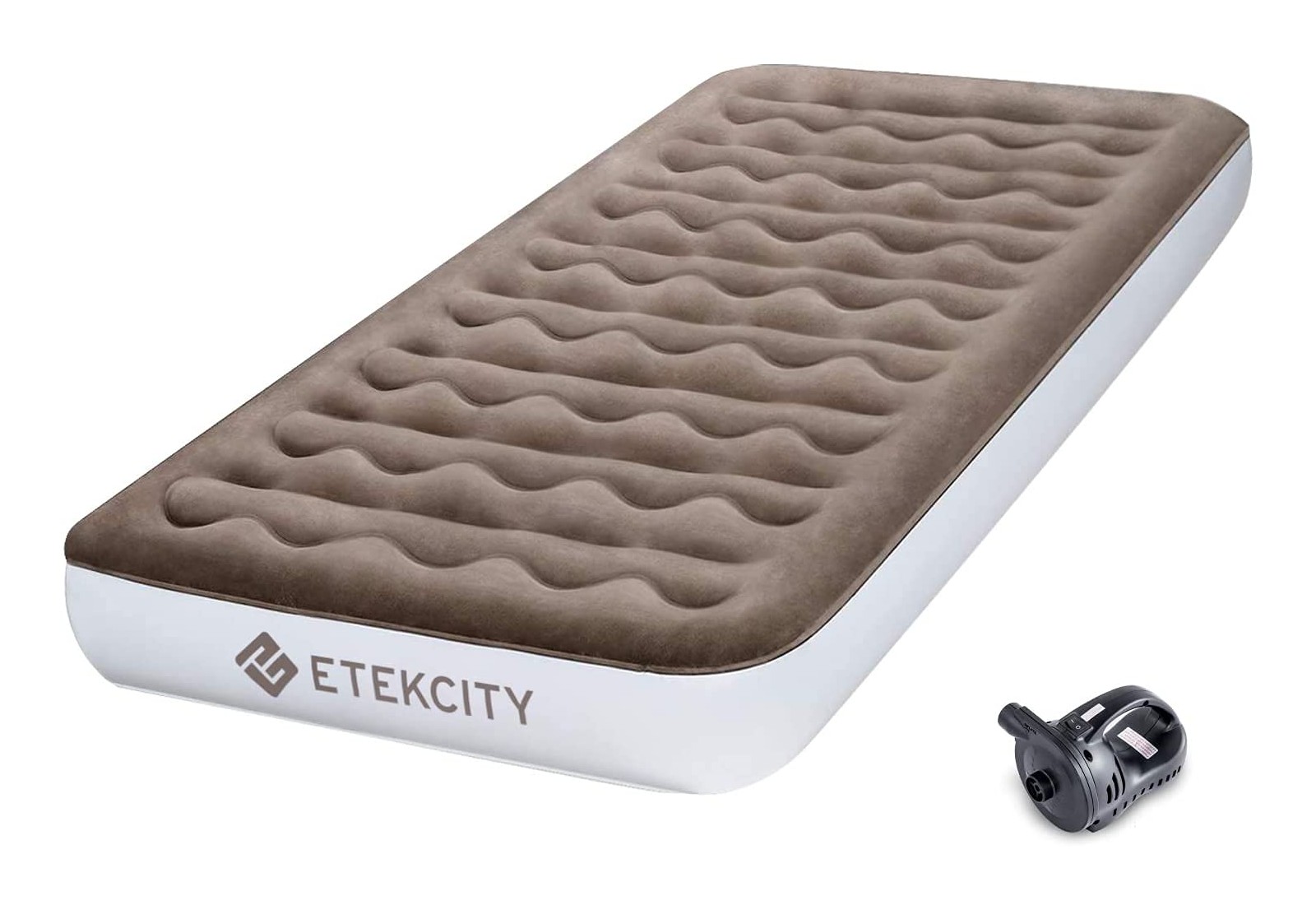 Etekcity EAM-ET1 twin air mattress with a brown flocked top molded in wave-shaped ribs, white side walls with the Etekcity logo on the near side, and its separate black pump lying unconnected at the lower right, on a white background