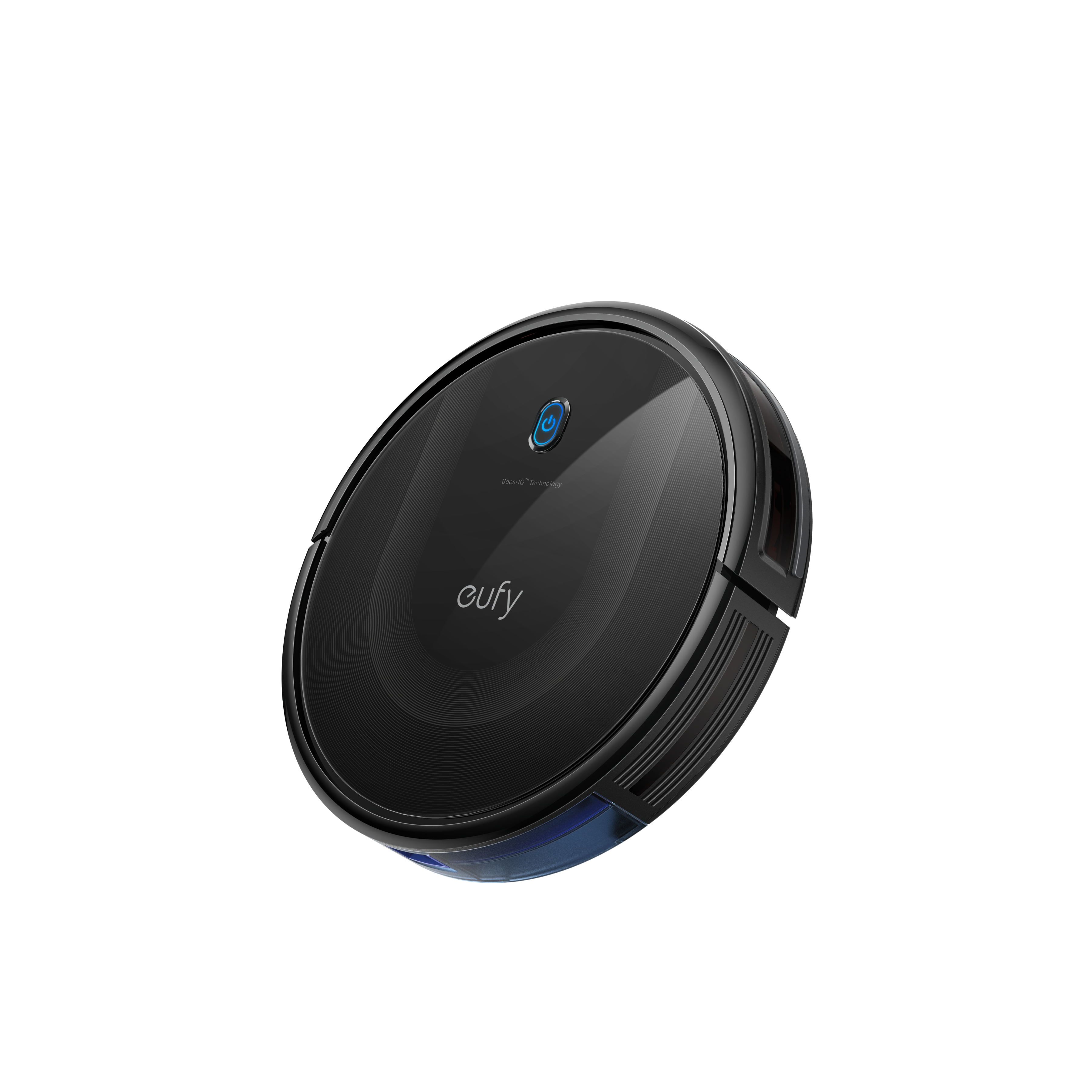 Black eufy RoboVac 11S MAX shown whole from a three-quarter top view, one blue-ringed power button above the centered eufy logo