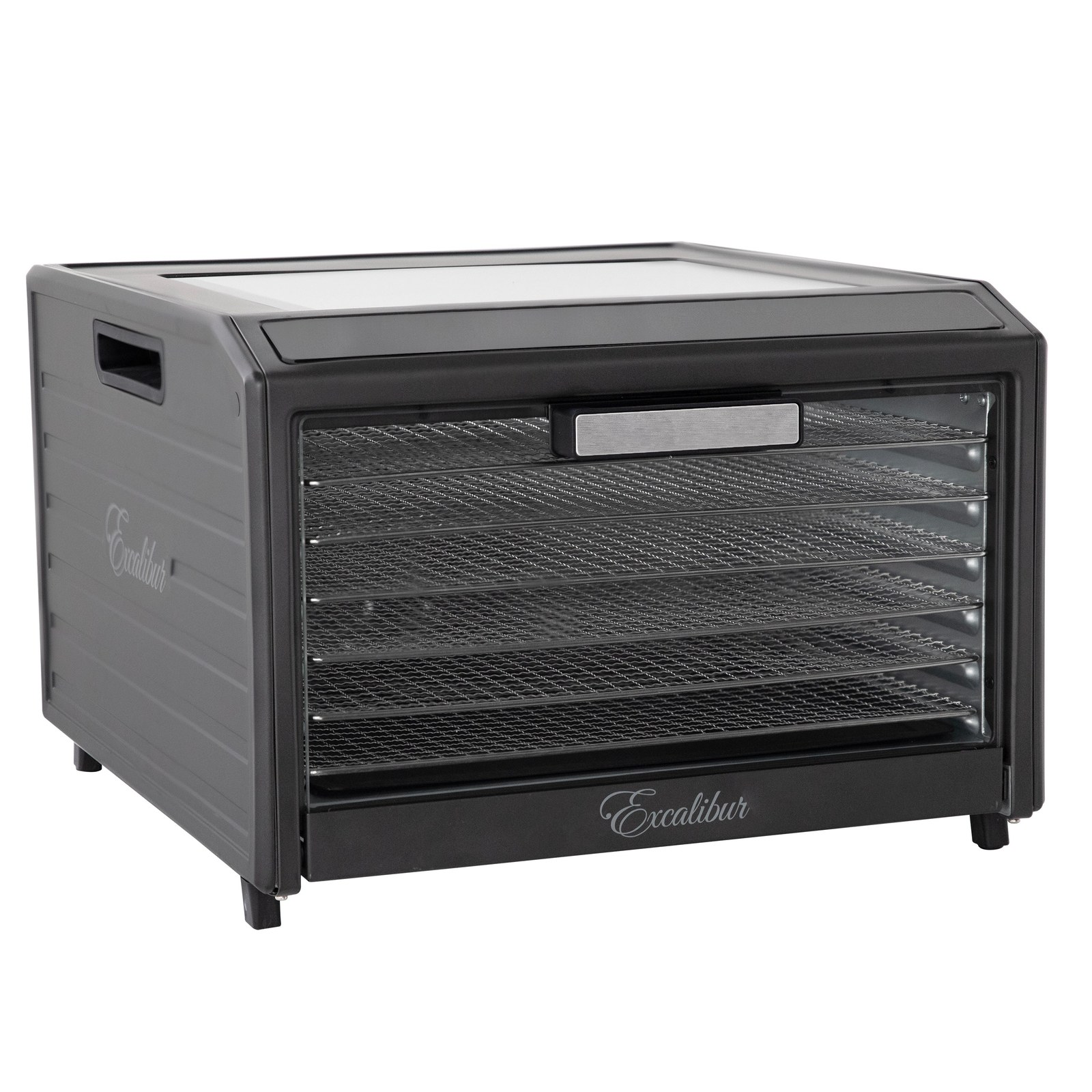 Excalibur Performance 6-tray dehydrator in black, seen from the front left on a plain white background: a squat six-tray cabinet with the glass door shut, six stainless mesh trays visible behind the glass, a brushed metal handle at the top of the door, a glass viewing window in the lid, an Excalibur script logo on the strip below the door and again on the left side panel, a recessed hand grip in that panel, and short black feet under the base