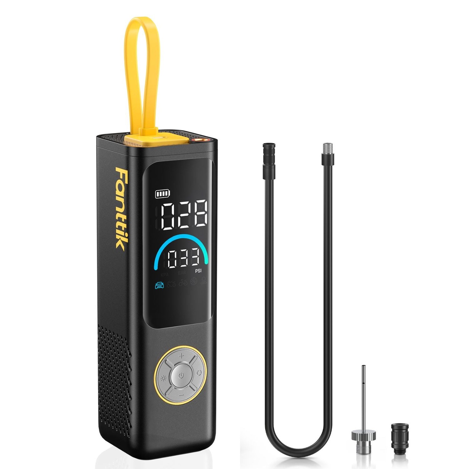 Black Fanttik X9 APEX tire inflator standing on a plain white background, the yellow Fanttik wordmark on its side, a digital screen reading 028 and 033 PSI with a battery icon and five mode icons, a round button cluster with a yellow ring beneath the screen, a folded yellow strap-style charging cable on top, and beside it an air tube bent into a U, a ball needle and a small threaded valve adapter