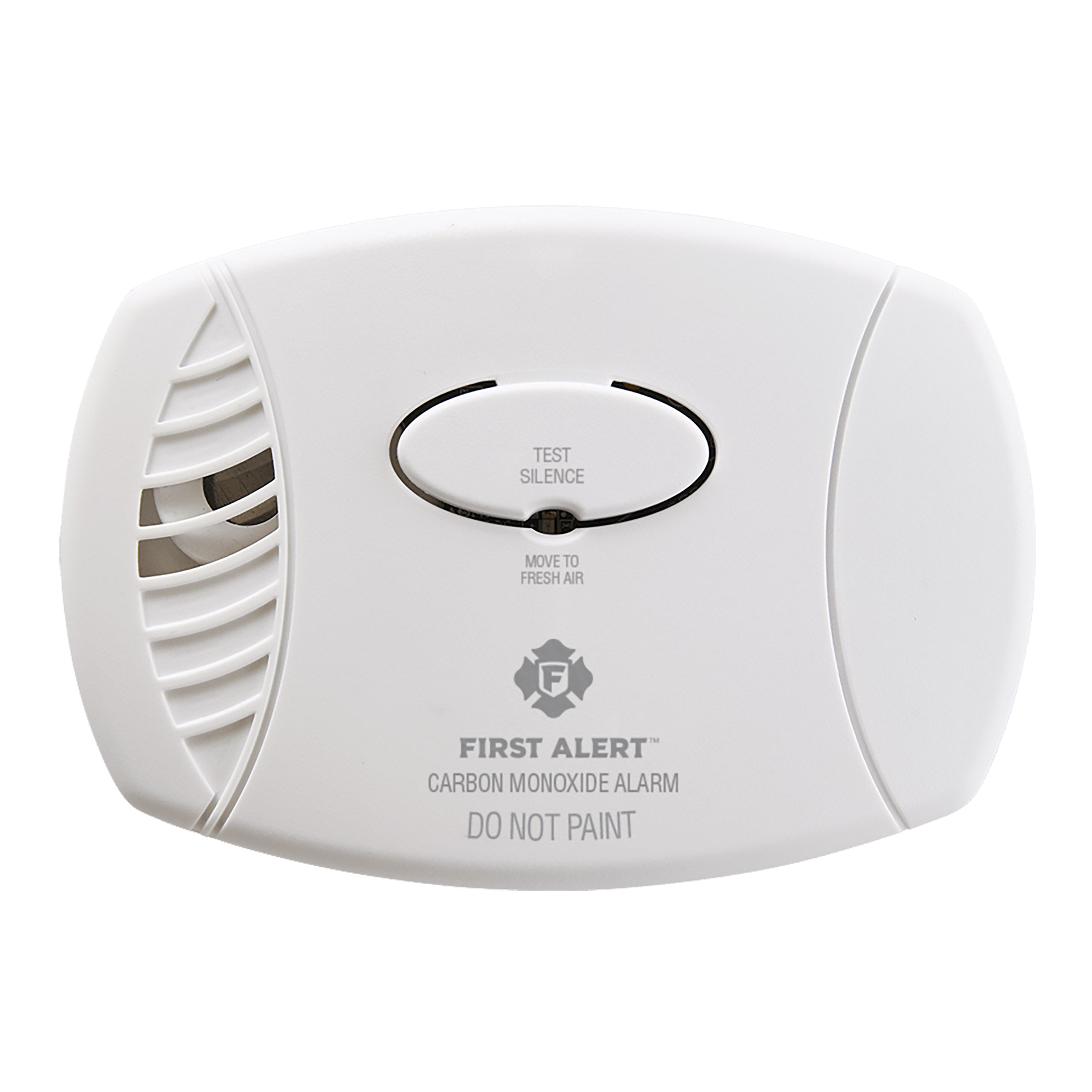 First Alert CO400 Battery Powered Carbon Monoxide Alarm, white rectangular housing with a single Test/Silence button, front view