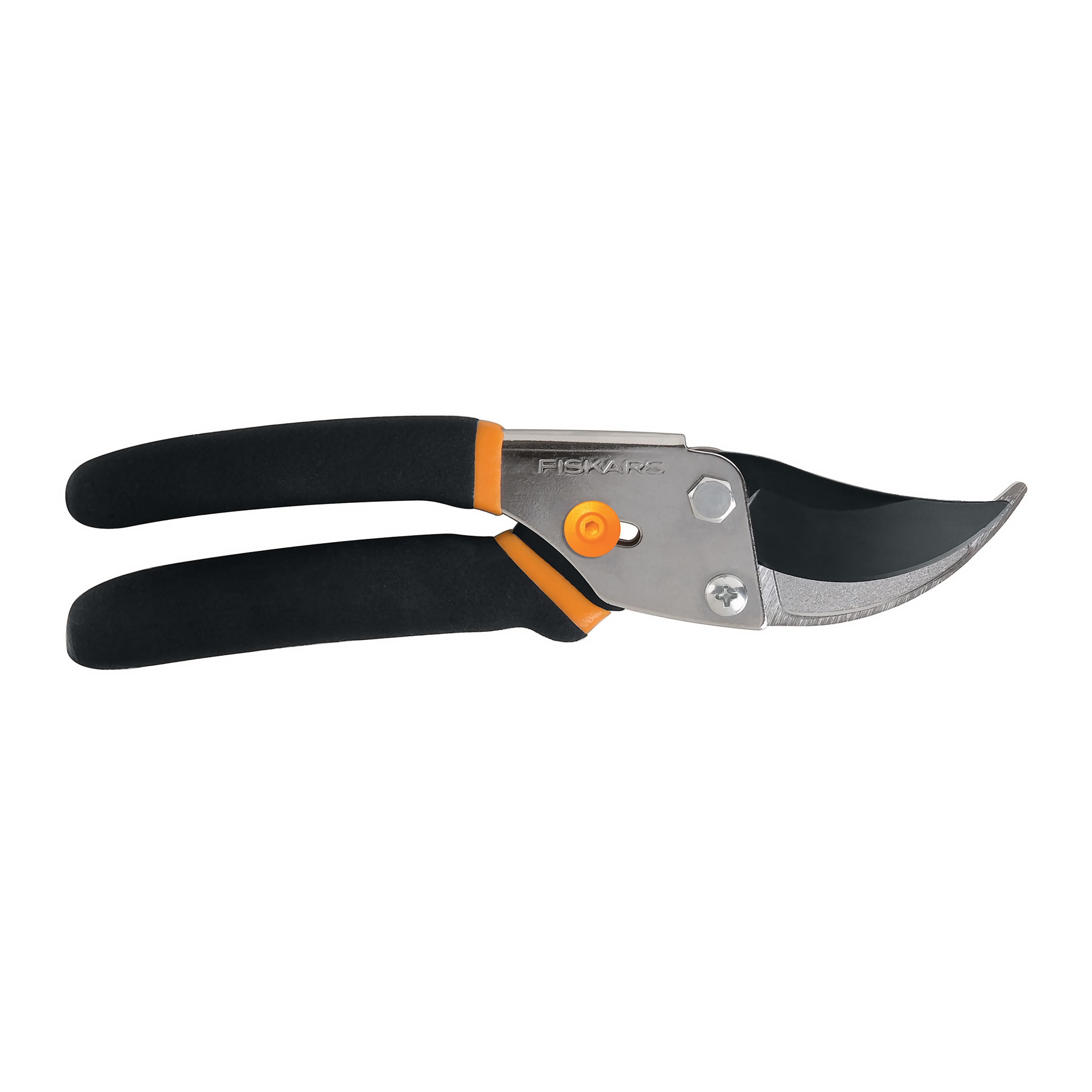 Fiskars steel bypass pruner with black non-slip grips, orange lock button and a coated curved blade