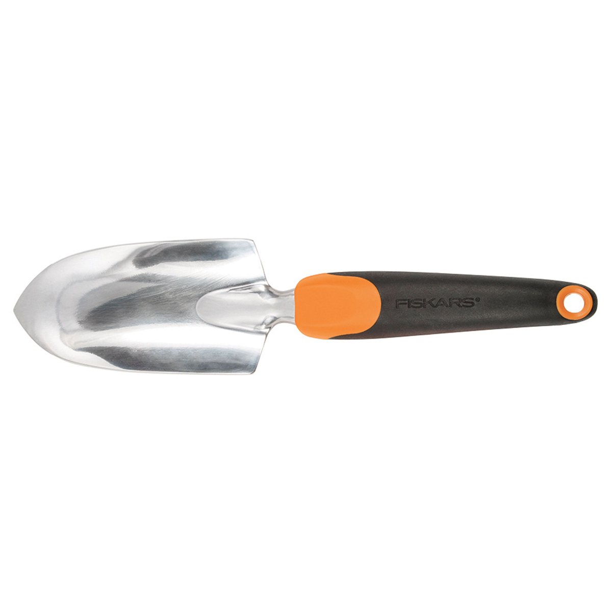 Fiskars Ergo Trowel (300S) with polished cast-aluminum head and black ergonomic handle