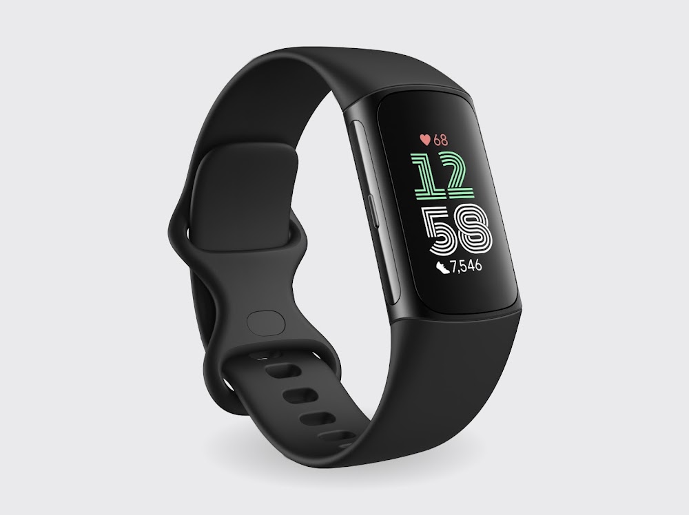 Fitbit Charge 6 in Obsidian / Black Aluminum showing the time, heart rate, and step count on its display