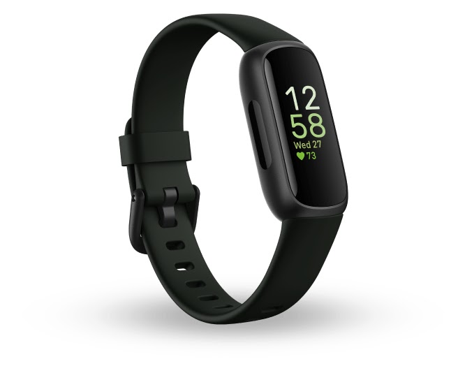 Angled view of the Fitbit Inspire 3 tracker in Midnight Zen with a black band