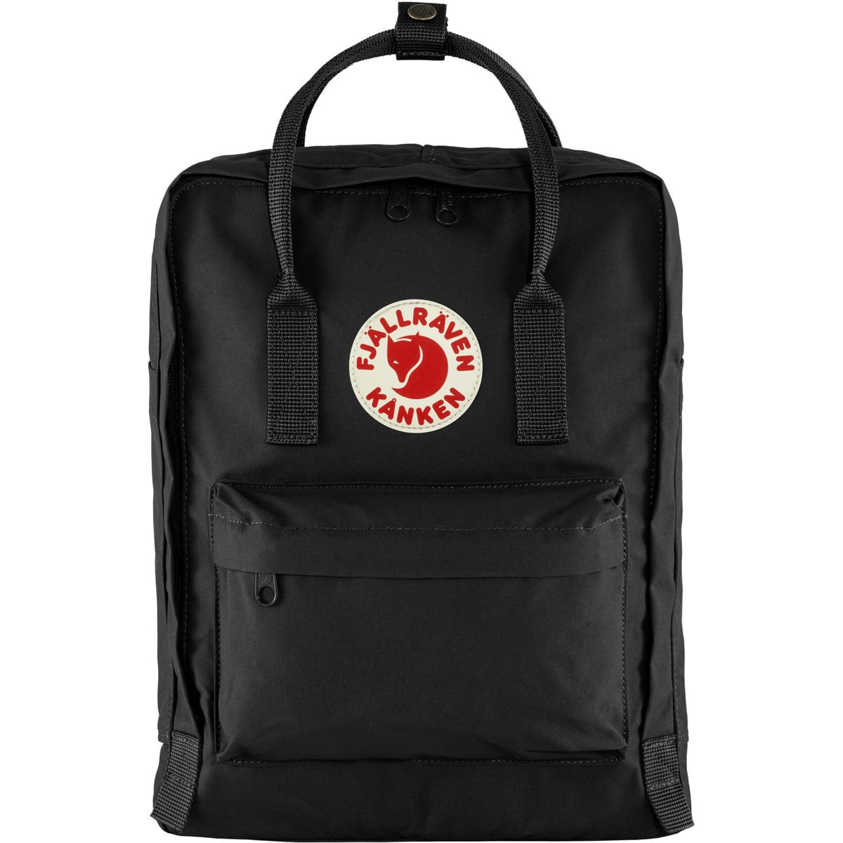 Black Fjällräven Kånken backpack with its two-way zip and logo patch