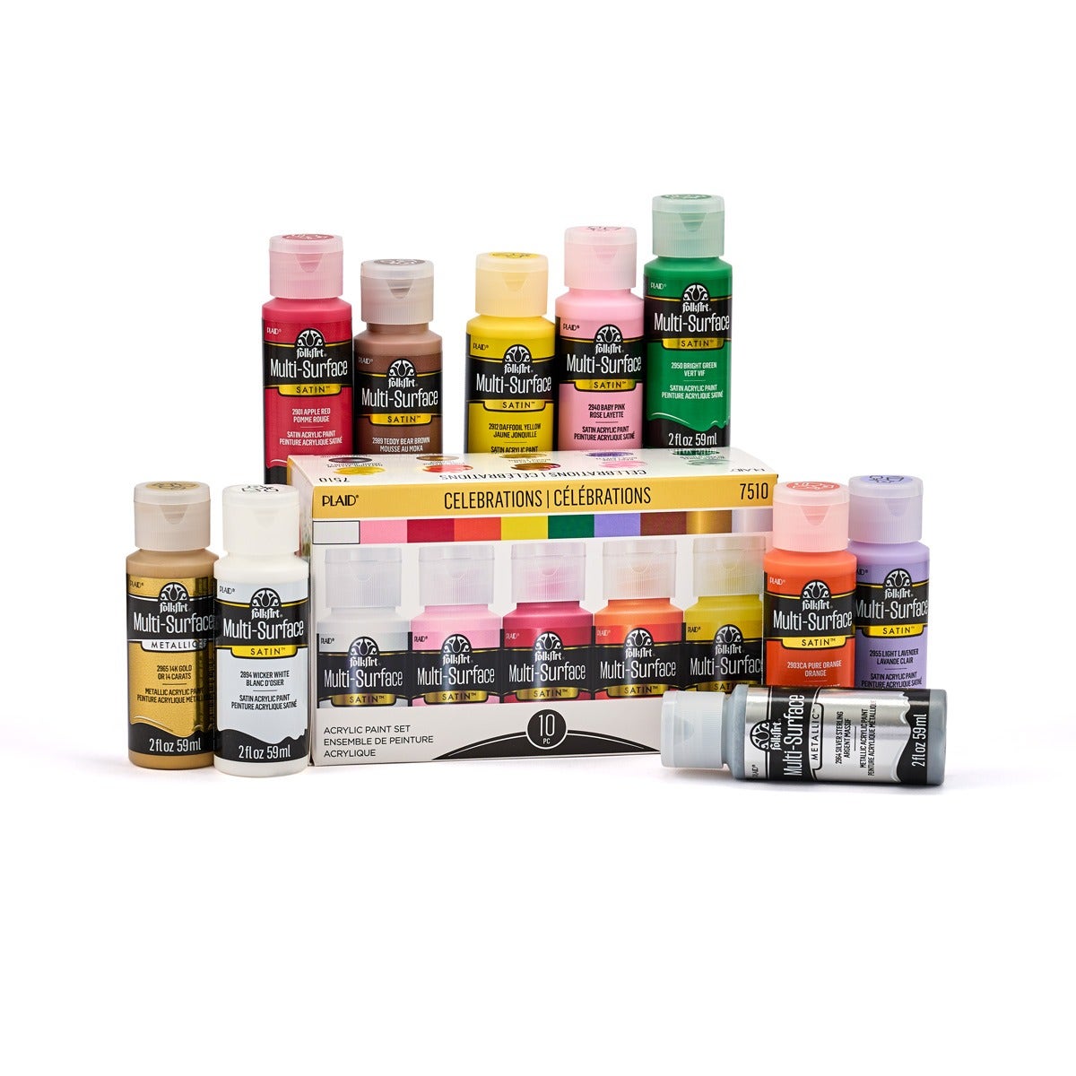 Ten 2 oz FolkArt Multi-Surface Satin acrylic paint bottles from the Celebrations set arranged in two rows