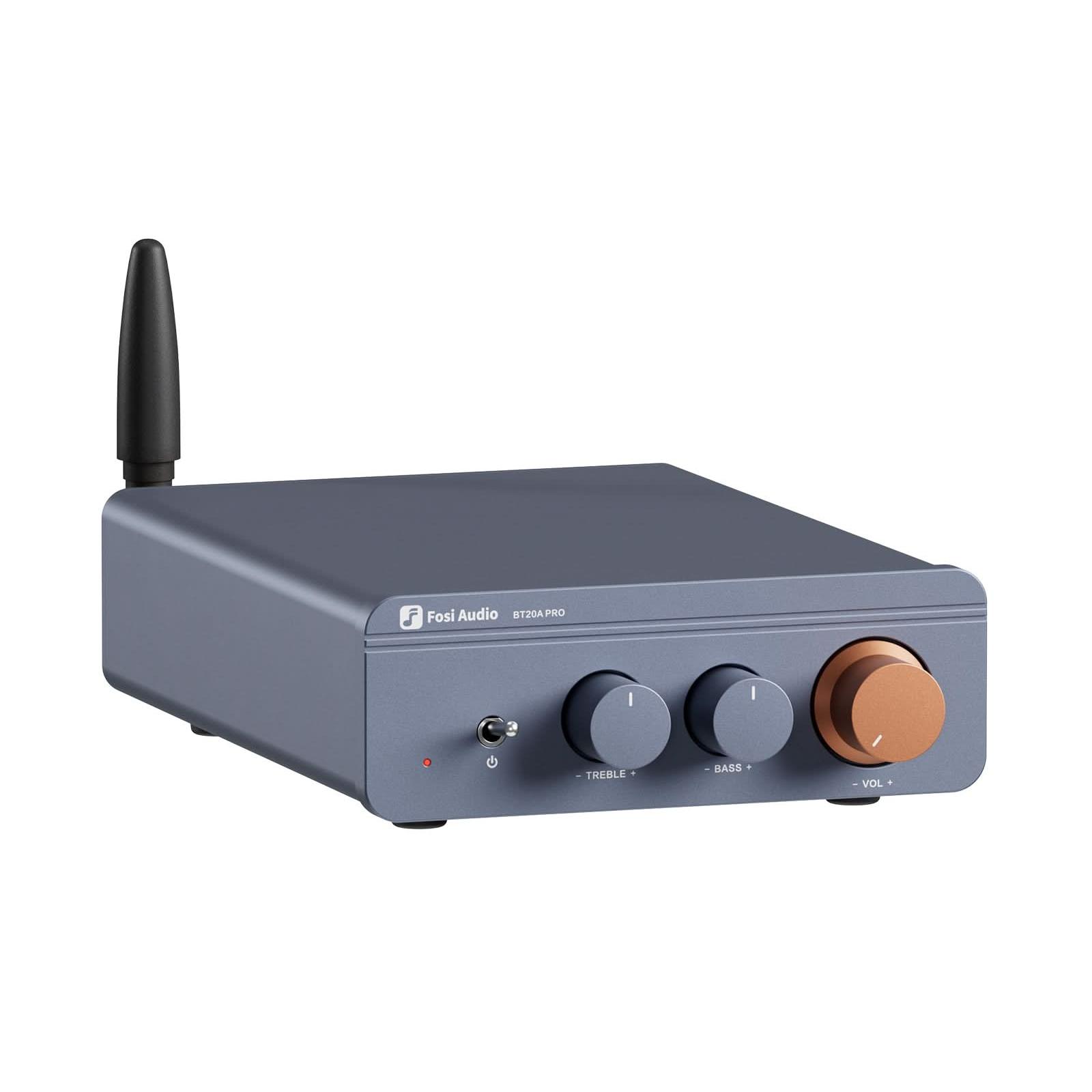 Fosi Audio BT20A PRO Bluetooth stereo power amp in the Blue finish — slate blue-gray case, black screw-in antenna at the rear left, a small red indicator light and a chrome toggle switch with a standby mark on the left of the front panel, gray TREBLE and BASS knobs and a copper VOL knob with white index marks and minus and plus labels, on a plain white background