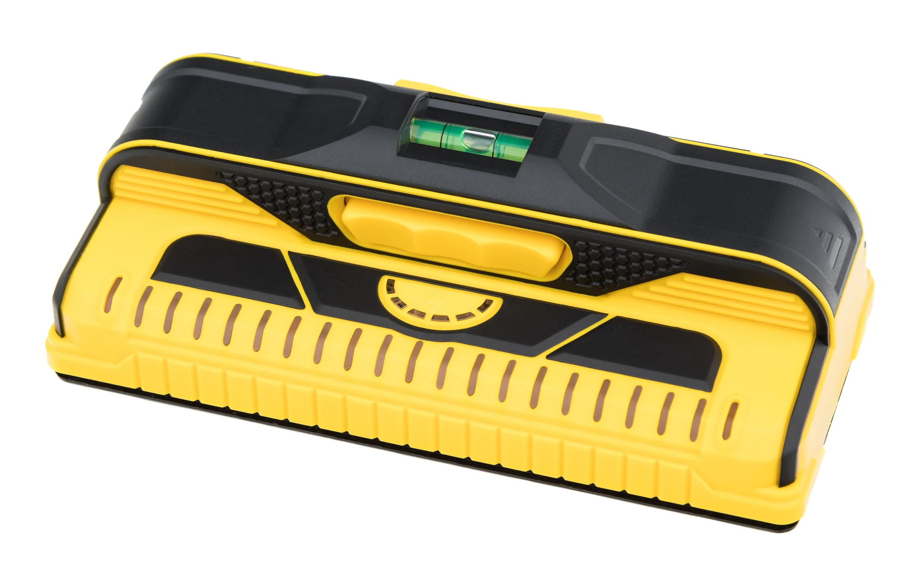 A yellow and black stud finder shown at a three-quarter angle: a black top grip holding a green bubble level, a long yellow slide button below it, a front row of ribbed sensor slots and a half-round stud-center gauge in the middle, against a transparent background