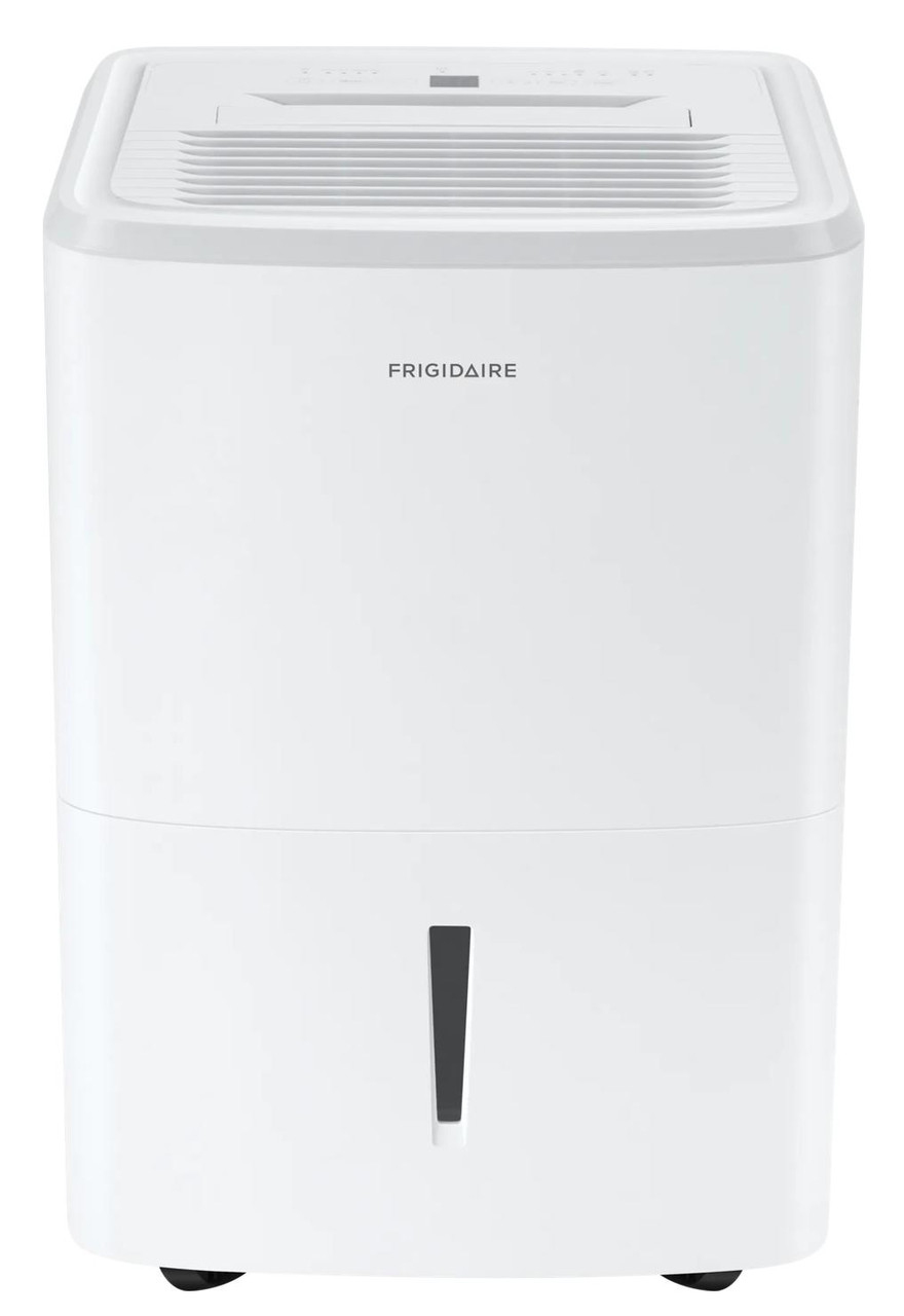 White Frigidaire FHDD5034Y1 dehumidifier, straight-on front view on a plain light background: louvered discharge grille and control panel across the top, plain front panel with the Frigidaire wordmark, a seam and notched grab slot marking the front bucket, black casters at the base