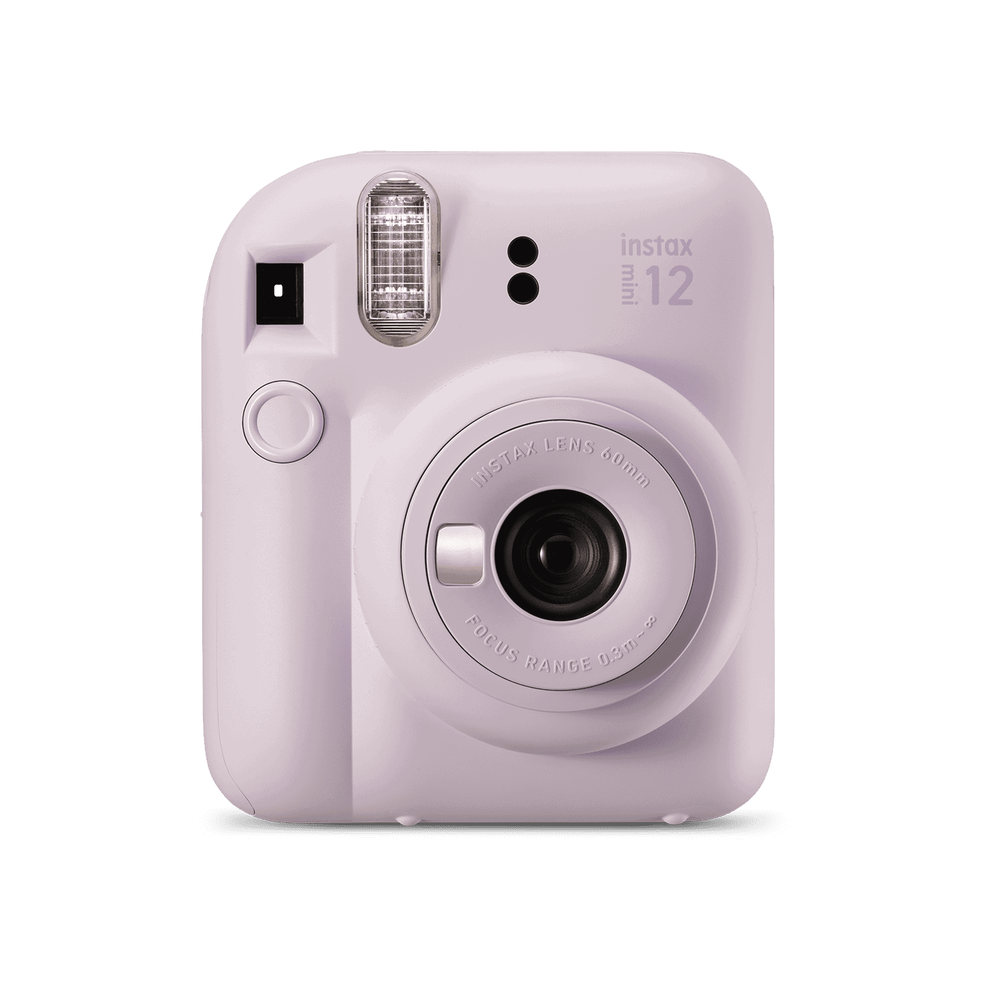 Lilac purple Fujifilm Instax Mini 12 instant camera seen from the front with its lens extended
