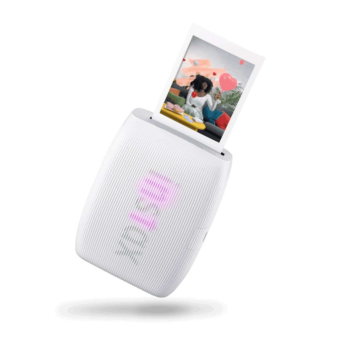 Clay white Fujifilm Instax Mini Link 3 smartphone printer standing upright with the print slot at the top