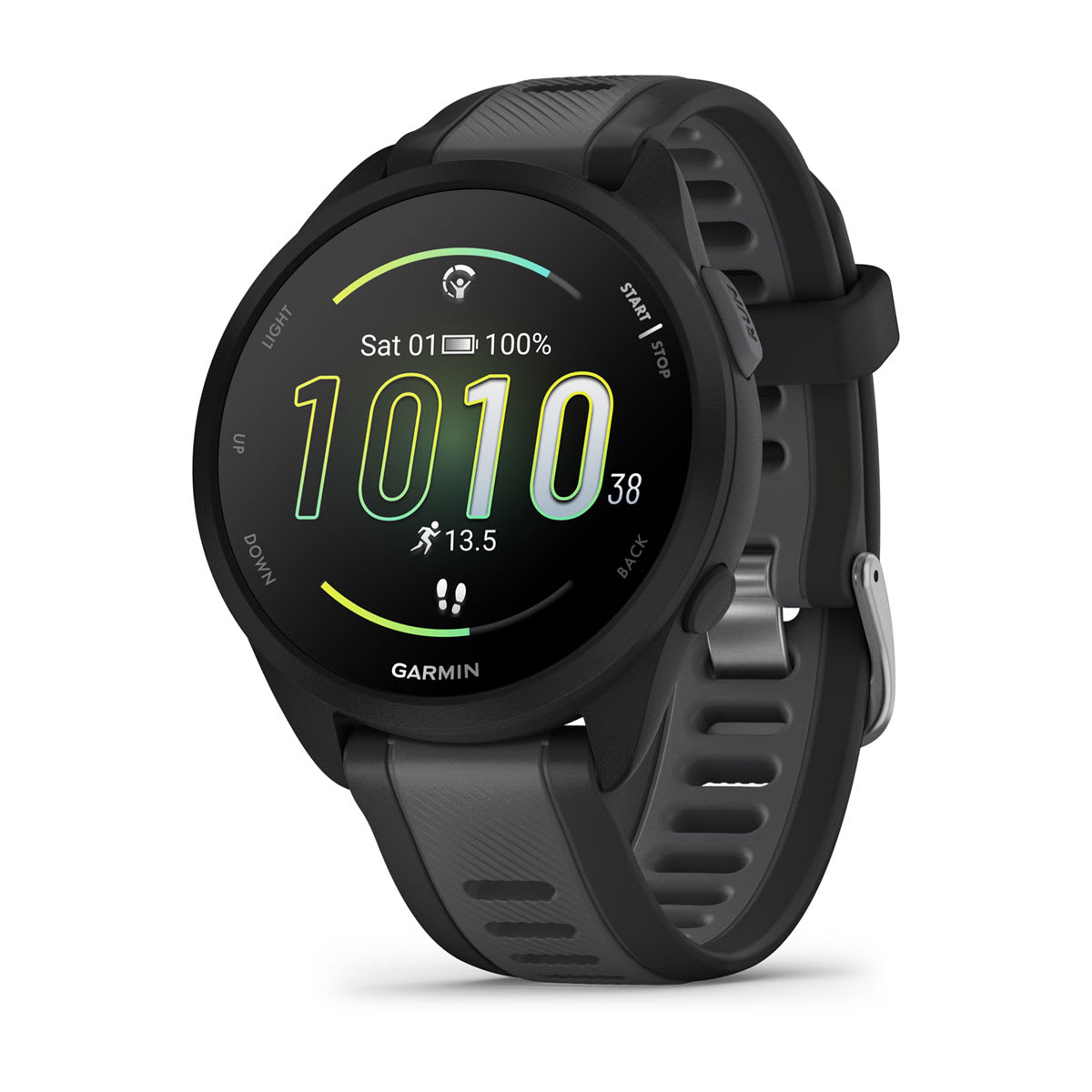 Black Garmin Forerunner 165 GPS running watch with a slate gray silicone band, shown at an angle on a white background with its round AMOLED screen displaying 10:10