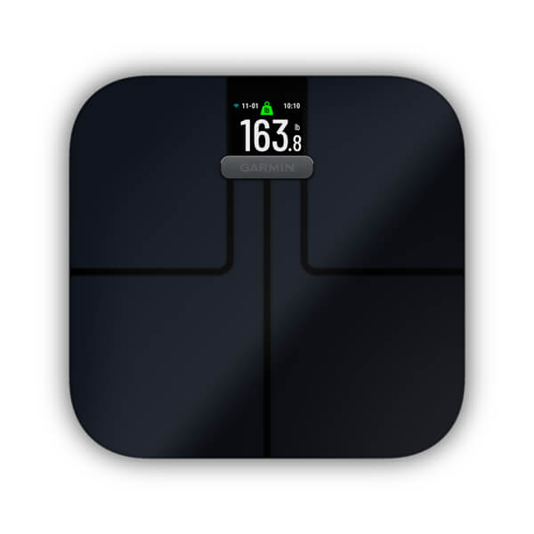 Garmin's black Index S2 scale from directly above on a light background — the rounded-square glass platform with a cross of electrode lines, the color display reading 163.8 lb with the date and time, and the GARMIN plate below the screen