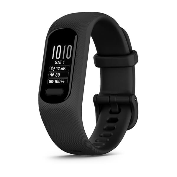 Black Garmin vívosmart 5 fitness band showing time, steps, heart rate and battery on its OLED screen