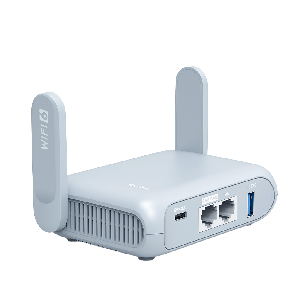 GL.iNet's pale blue-gray Beryl AX travel router at a three-quarter rear angle with both folding antennas upright, WiFi 6 printed on the left antenna, the rear panel showing the 5V 3A USB-C power input, 2.5G WAN and LAN ports and a blue USB 3.0 socket, cut out against a transparent background