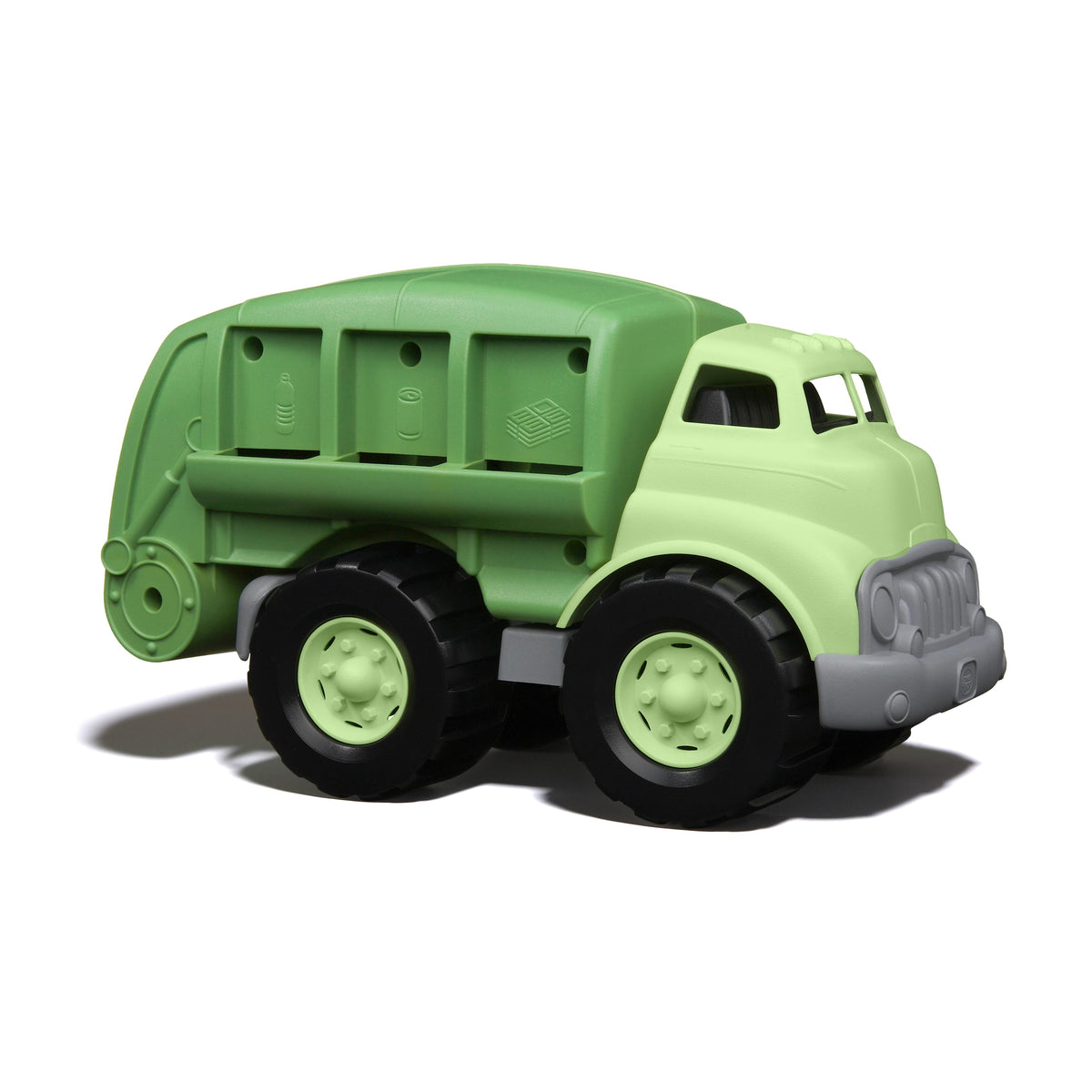 Green Toys Recycling Truck in two-tone green with three sorting slots on the bed and a gray front bumper