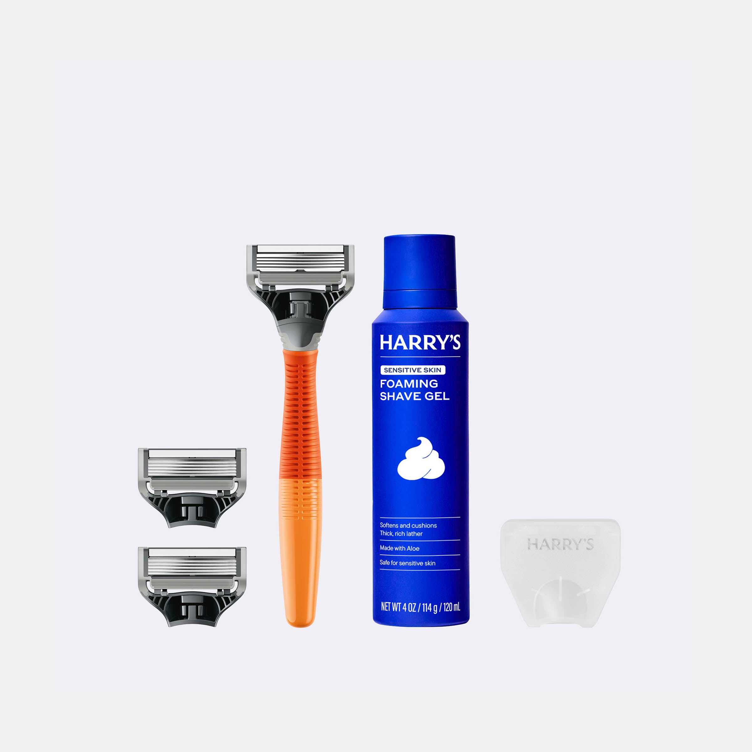 Harry's Original Shave Set in Ember: two-tone handle with a five-blade cartridge, foaming shave gel can and travel cover