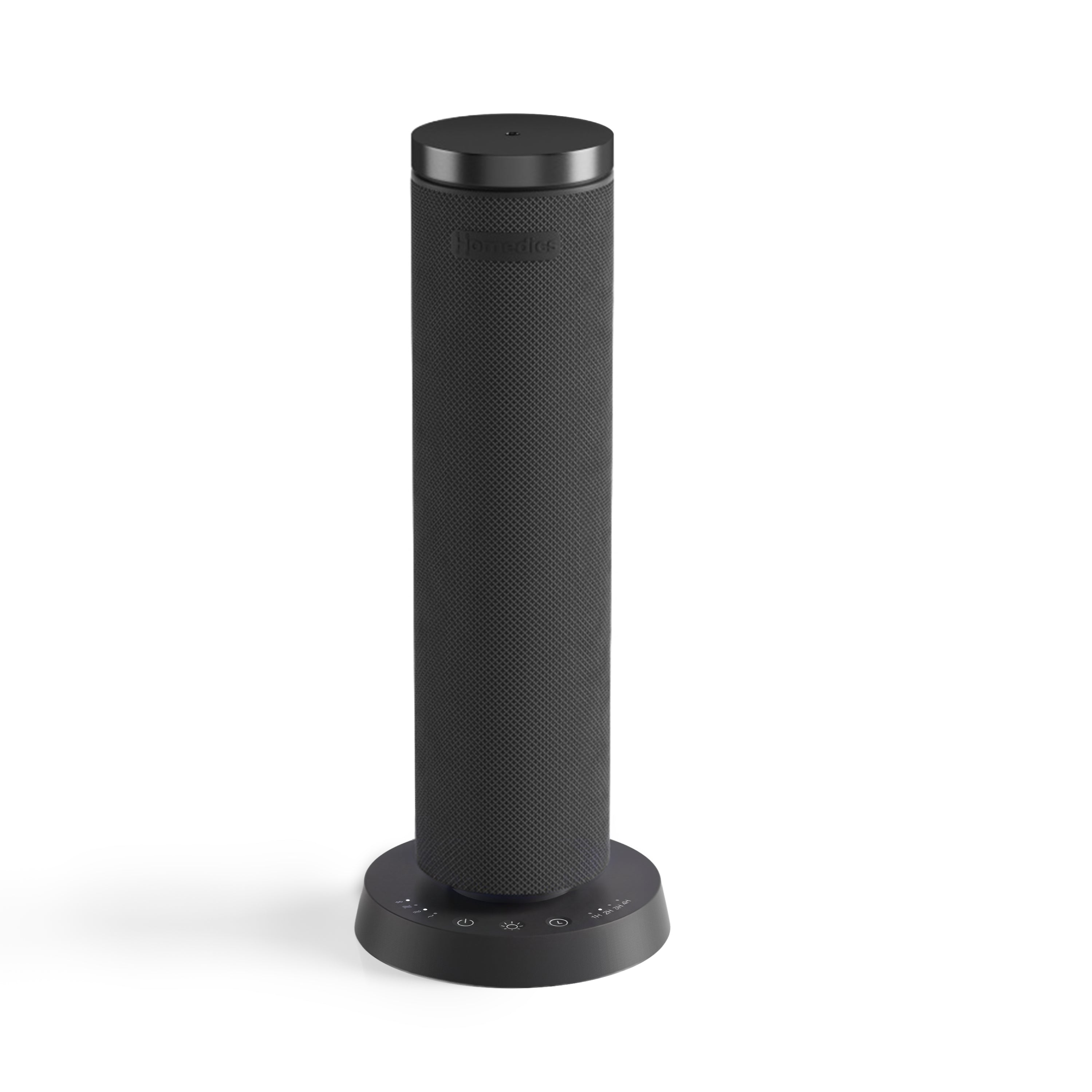 HoMedics SereneScent Waterless Rechargeable 120 ml Diffuser in Black, a tall fabric-wrapped cylinder with a dark cap, standing on a round black base with power, light and timer controls along its front edge and the HoMedics wordmark embossed on the upper body, on a white background