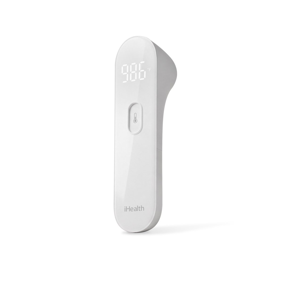 White iHealth PT3 no-touch forehead thermometer, front view, showing the LED display and single measurement button
