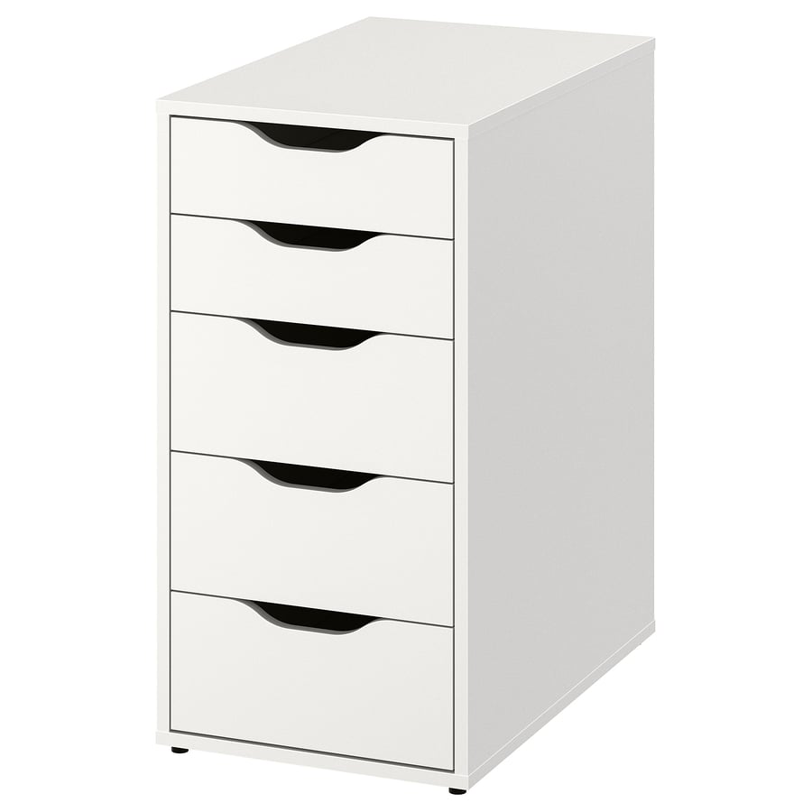 White IKEA ALEX drawer unit with two small drawers above three larger ones, seen from the front