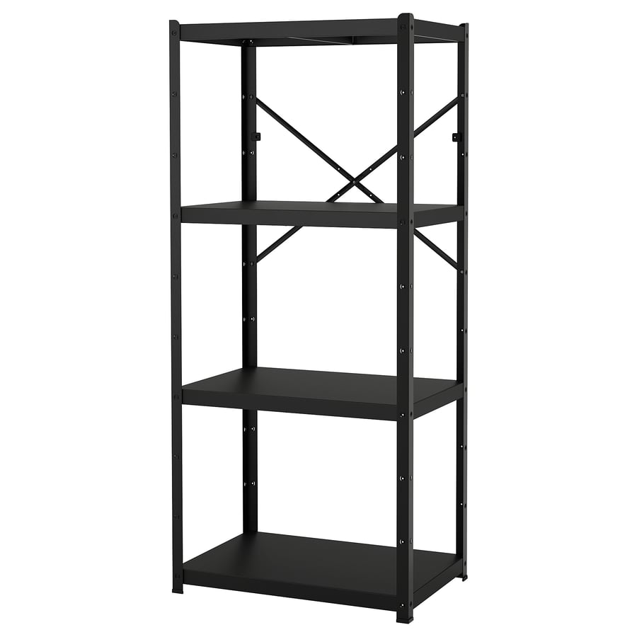 IKEA BROR black steel shelving unit with four shelves on 74 3/4 inch posts, front three-quarter view