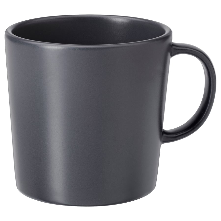 Dark gray IKEA DINERA stoneware mug with a matte glaze and a D-shaped handle