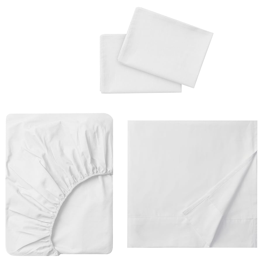 IKEA DVALA white cotton sheet set showing the folded flat sheet, fitted sheet, and two pillowcases