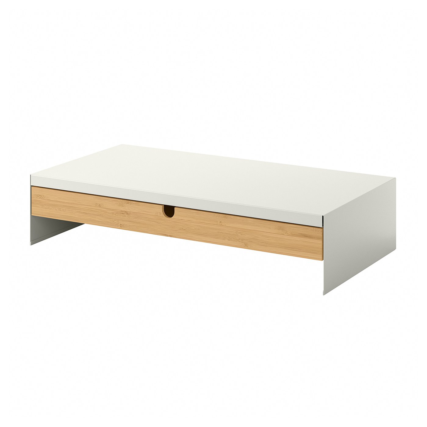 White IKEA ELLOVEN monitor stand with bamboo-front drawer