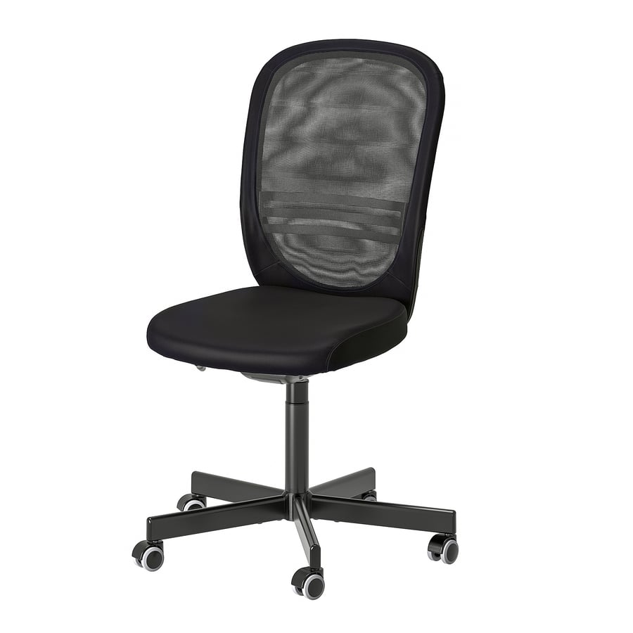 Black IKEA FLINTAN office chair with mesh back and no armrests, viewed from the front at an angle