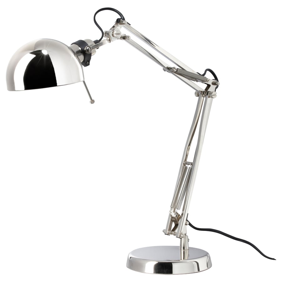 IKEA FORSÅ work lamp in nickel-plated steel with adjustable arm and round shade