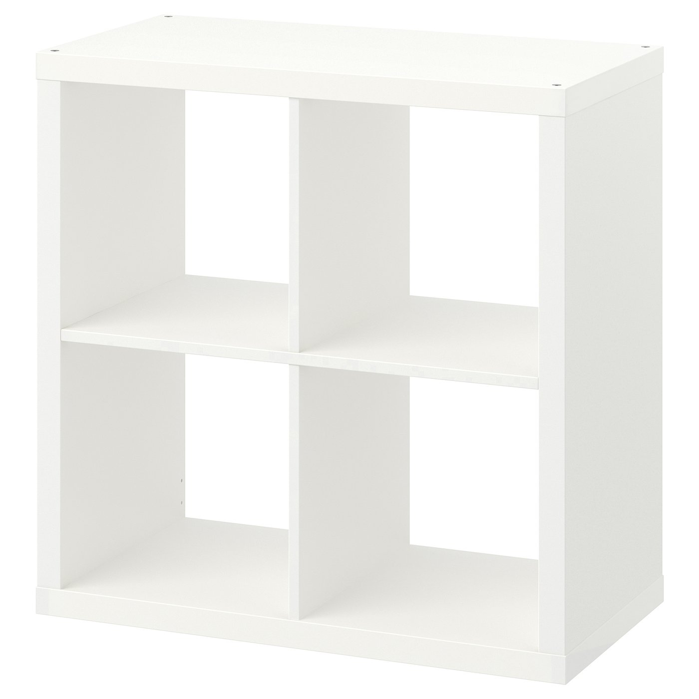 White IKEA KALLAX four-cube shelf unit photographed on a plain background