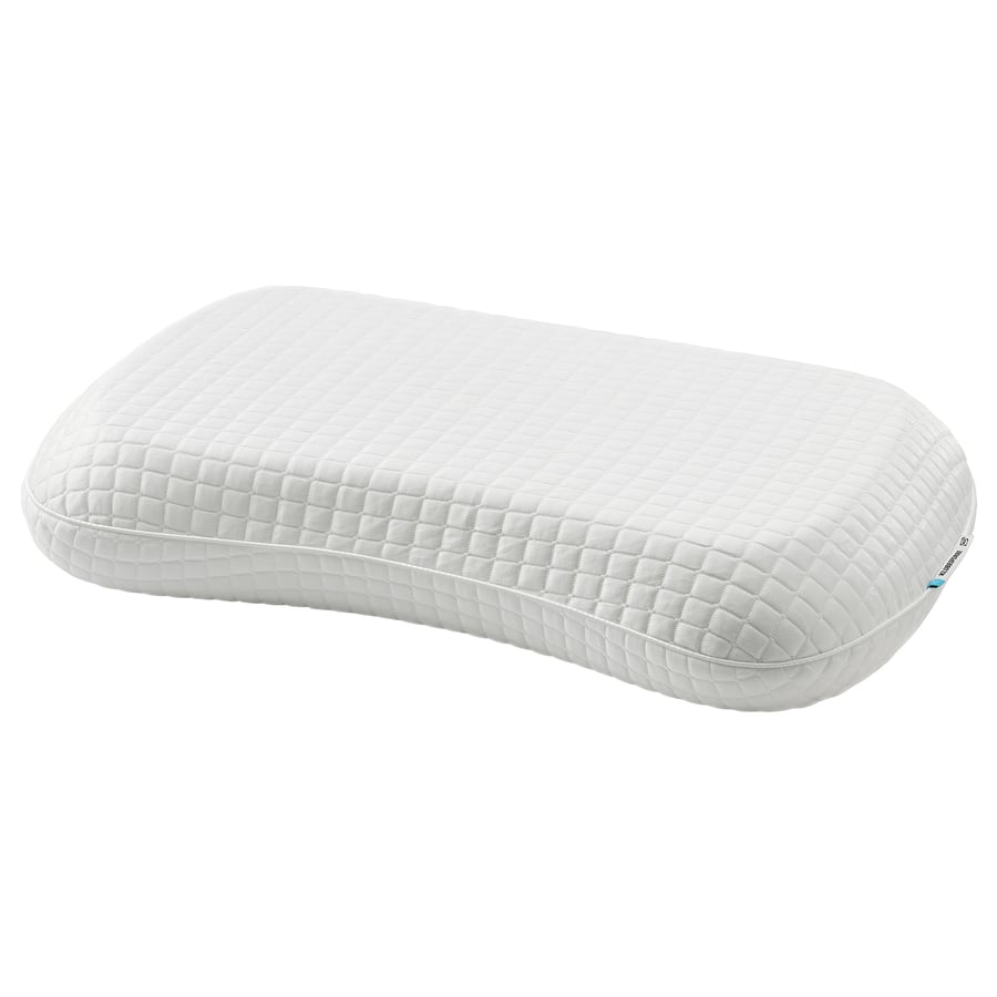 White IKEA KLUBBSPORRE ergonomic memory foam pillow with a quilted cover