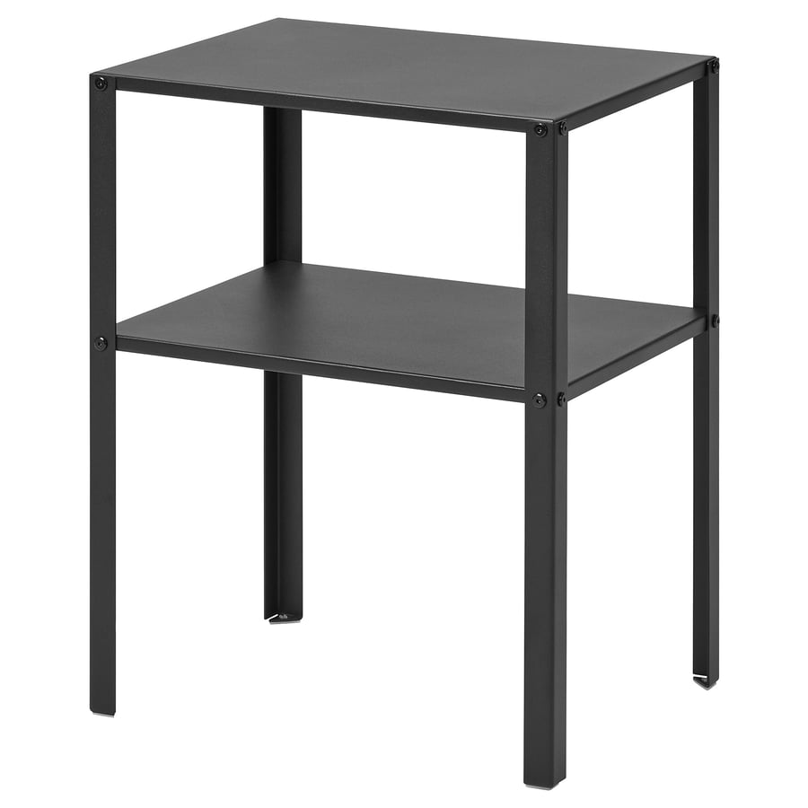 Black IKEA KNARREVIK nightstand at a three-quarter angle on white, a top panel and one lower shelf bolted between four square steel legs