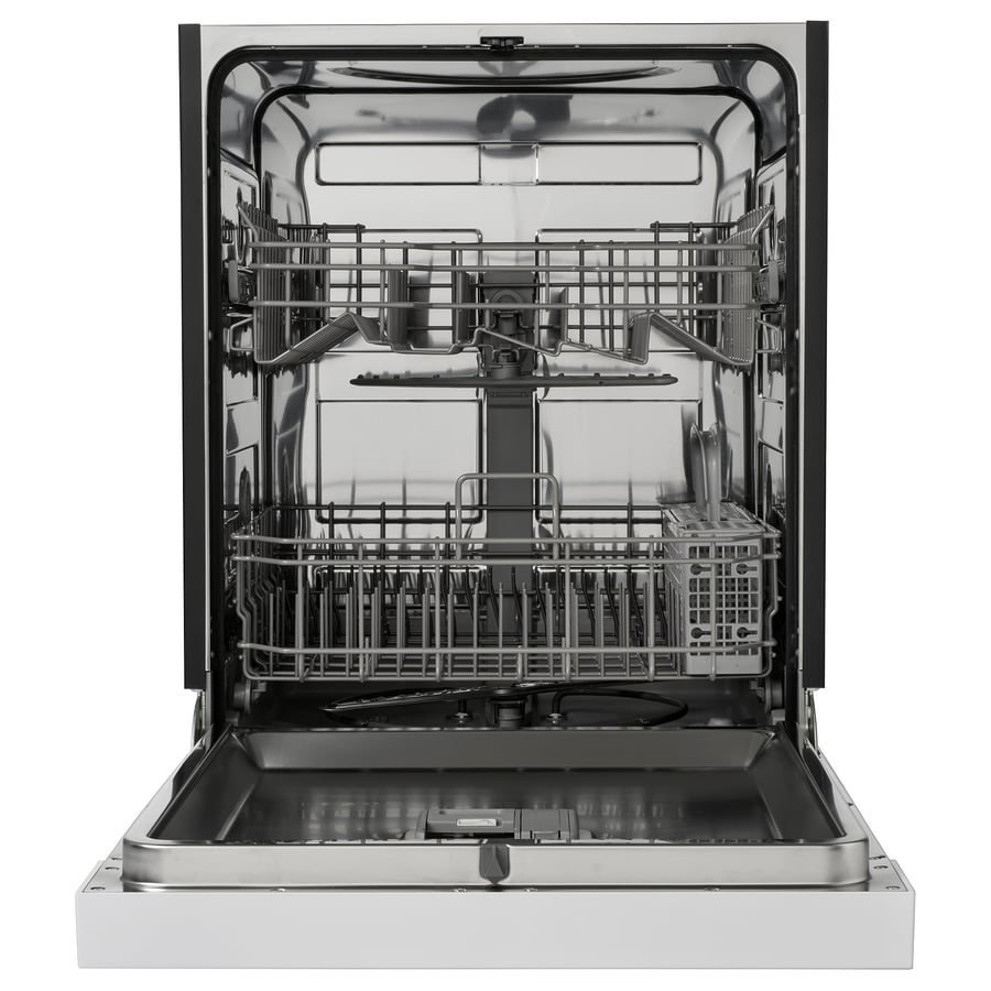 IKEA LAGAN built-in dishwasher photographed with the door open: an empty stainless-steel tub, two gray wire racks, a cutlery basket at the right and the white outer door panel lying flat in front, on a pale studio background