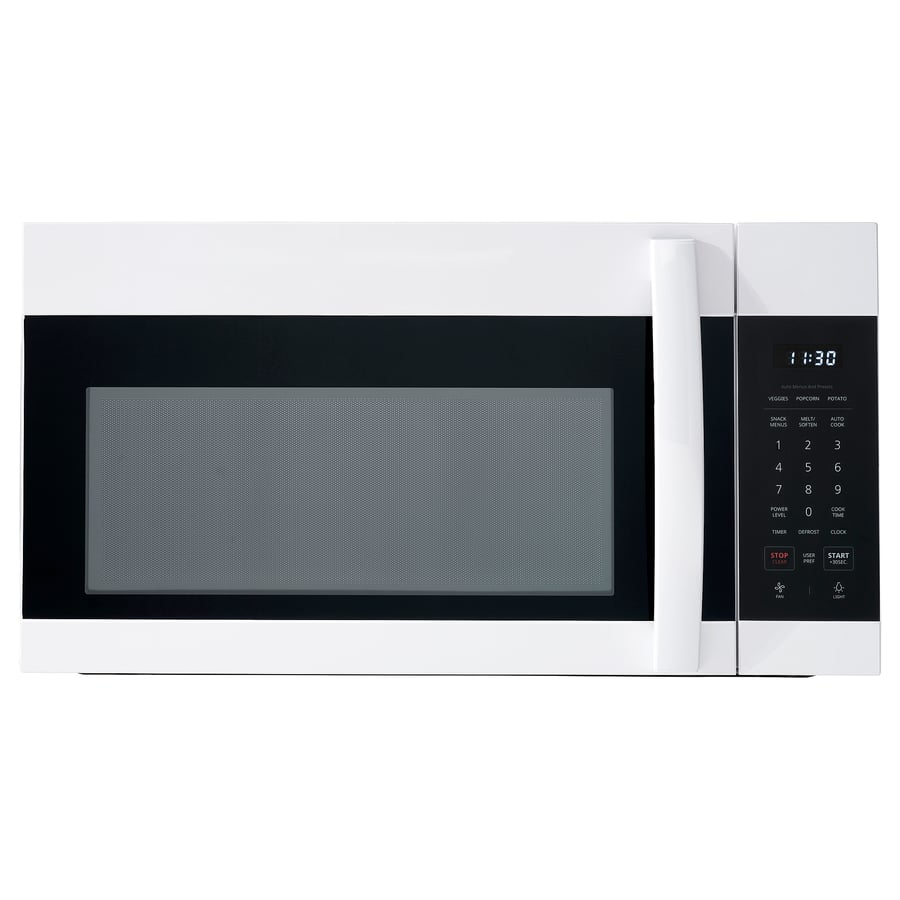 White IKEA LAGAN over-the-range microwave, front view with door closed