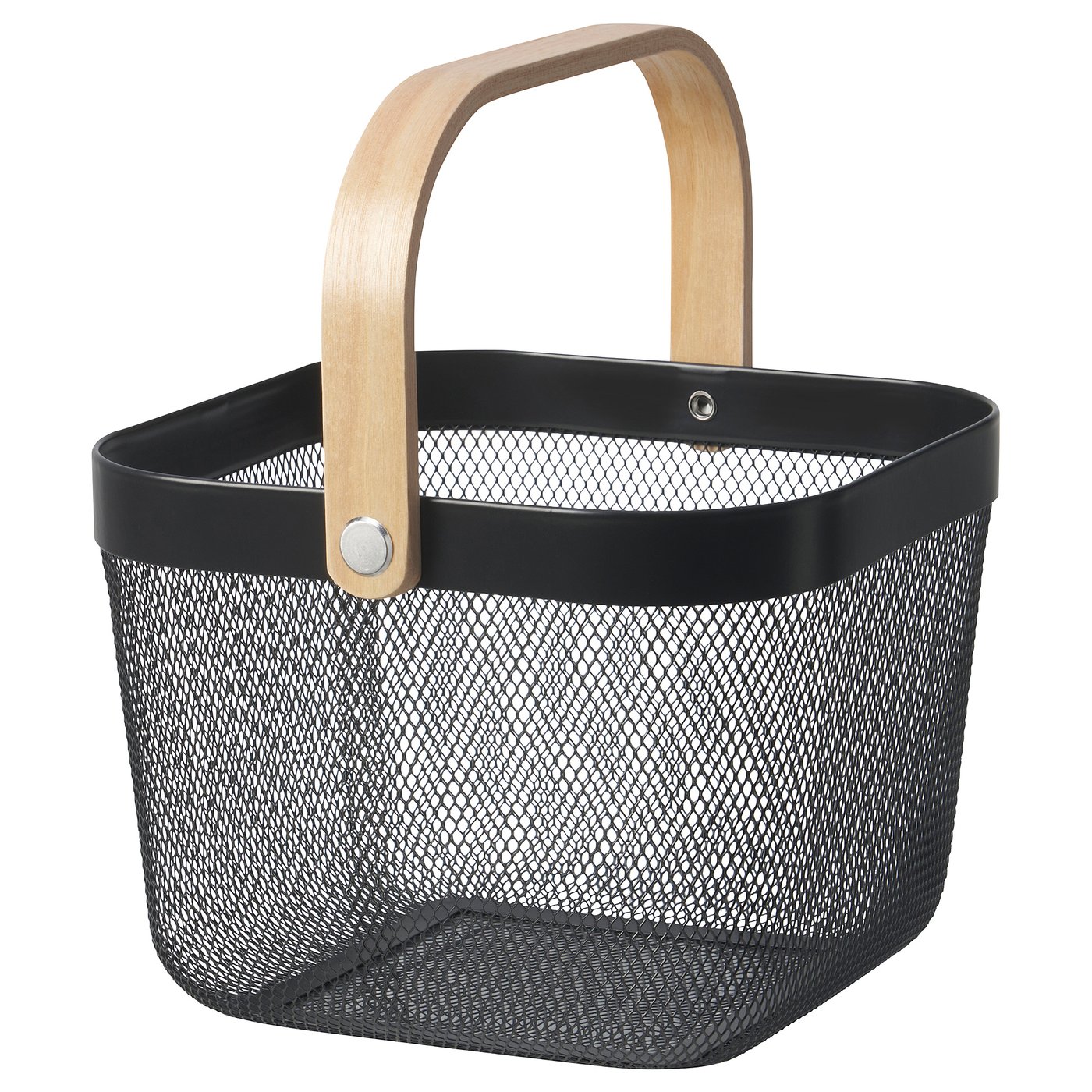 Dark gray IKEA RISATORP mesh basket with a wooden handle