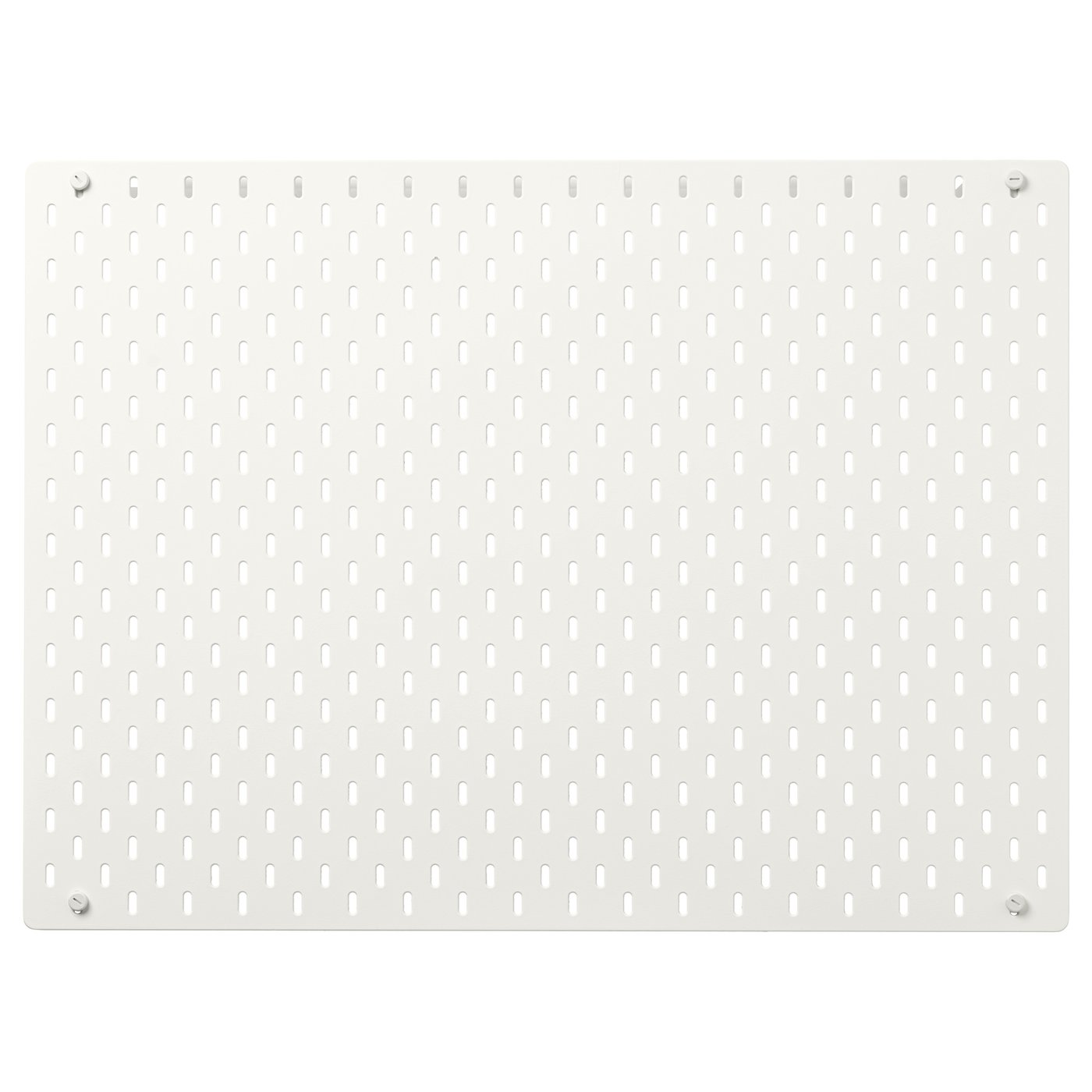 White IKEA SKÅDIS pegboard seen from the front on a white background, rows of slots across the panel and a fixing screw at each corner