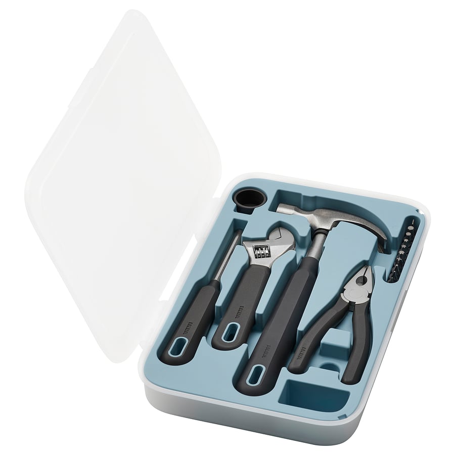 IKEA TRIXIG 15-piece tool set in its light blue polypropylene box with hammer, wrench, pliers and bit screwdriver