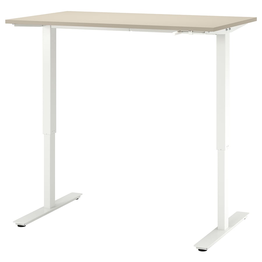 IKEA TROTTEN sit/stand desk with beige tabletop and white crank-adjusted steel frame