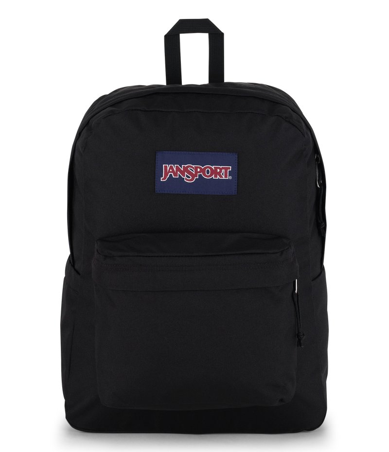 Black JanSport SuperBreak Plus backpack with a side bottle pocket