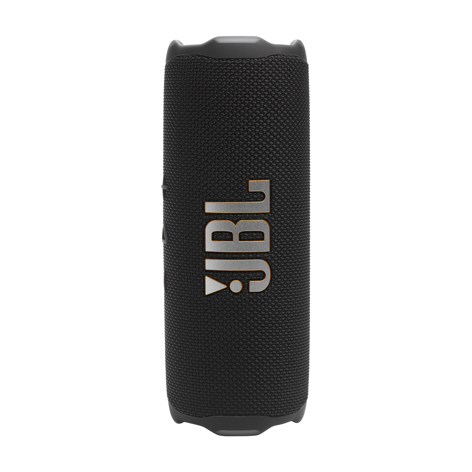 JBL Flip 7 in black standing upright on end: a cylindrical body wrapped in dark woven fabric with a large silver-gray JBL logo on the front and dark rubber end caps, shown on a transparent background