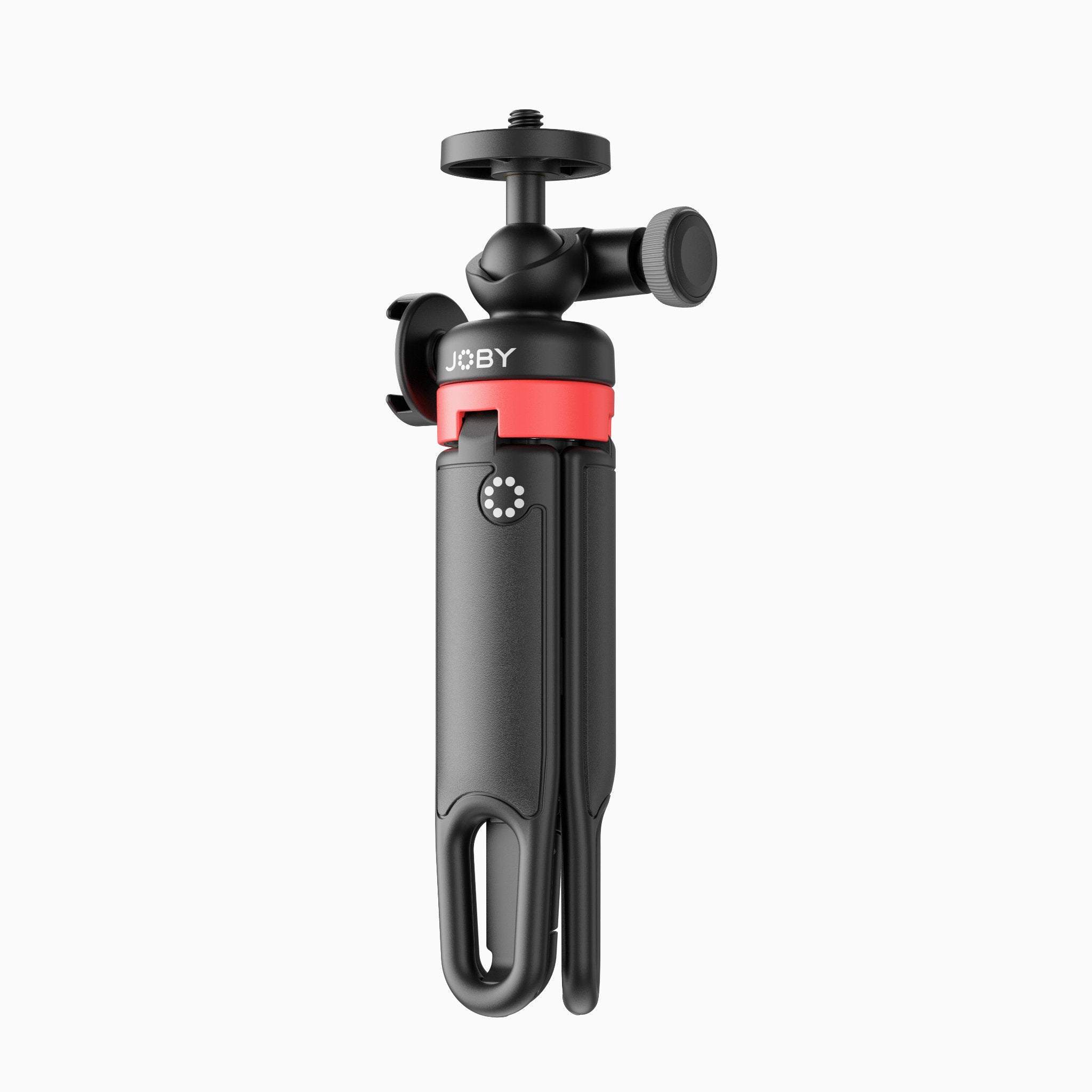 Black Joby HandyPod Clip Extend tripod folded with its legs closed, red collar visible, ball head and cold shoe on top